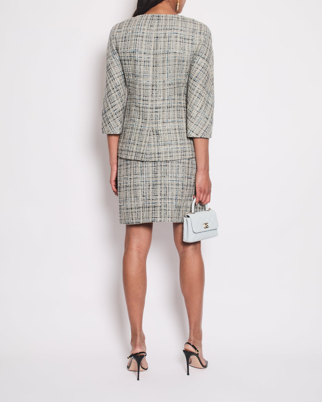 Top Quality Chanel Grey and Blue Striped Tweed Jacket & Skirt Set with CC Logo Button Details Size FR 36 (UK 8)