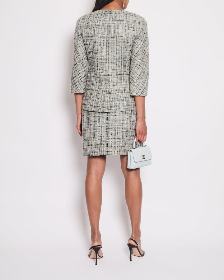 Top Quality Chanel Grey and Blue Striped Tweed Jacket & Skirt Set with CC Logo Button Details Size FR 36 (UK 8)