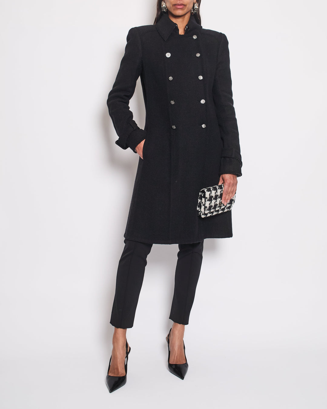 Top Quality Chanel Black Double Breasted Coat with Houndstooth Print and CC Button Detail Size FR 40 (UK 12)
