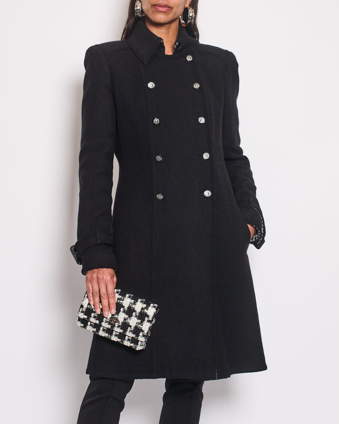 Top Quality Chanel Black Double Breasted Coat with Houndstooth Print and CC Button Detail Size FR 40 (UK 12)