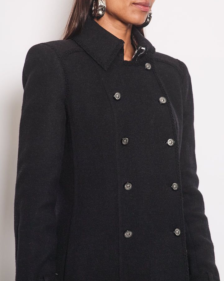 Top Quality Chanel Black Double Breasted Coat with Houndstooth Print and CC Button Detail Size FR 40 (UK 12)