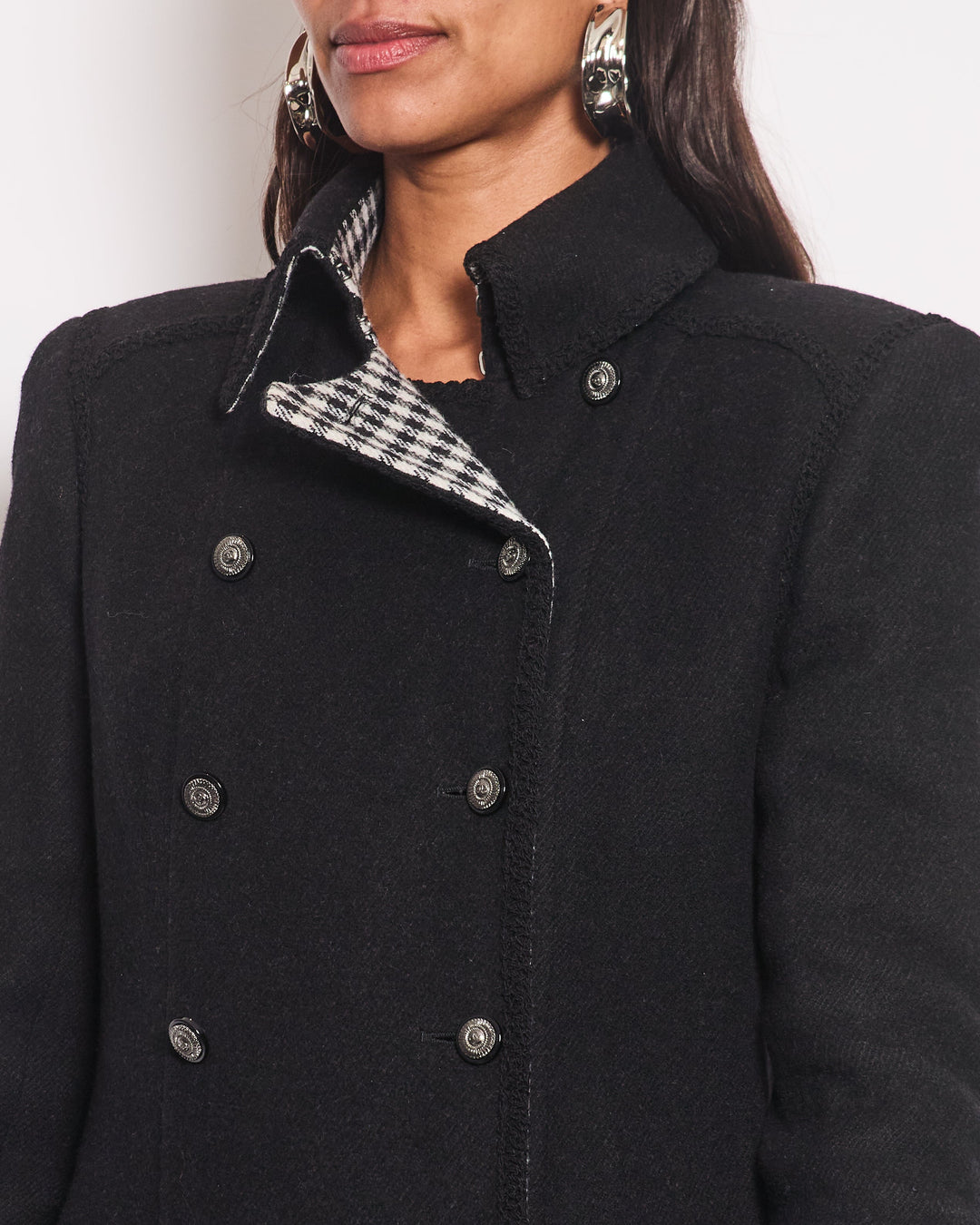 Top Quality Chanel Black Double Breasted Coat with Houndstooth Print and CC Button Detail Size FR 40 (UK 12)