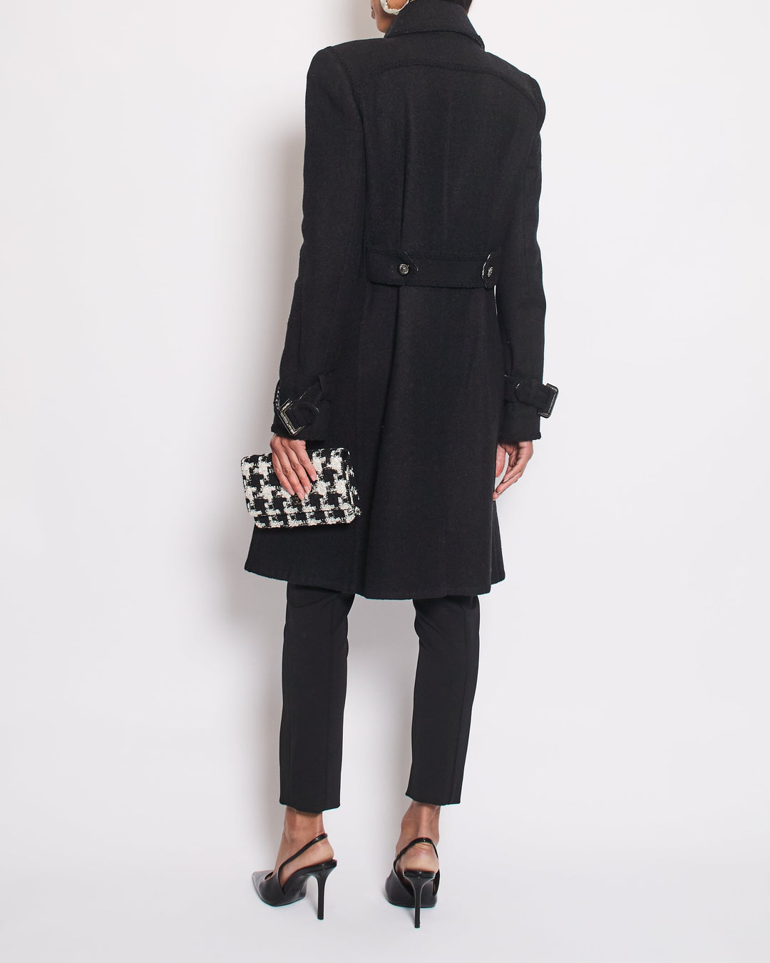 Top Quality Chanel Black Double Breasted Coat with Houndstooth Print and CC Button Detail Size FR 40 (UK 12)