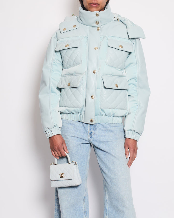 *HOT* Top Quality Chanel Baby Blue Leather Puffer Jacket with Four Quilted Pockets, Hood and Gold CC Logo Button Details Size FR 36 (UK 8)