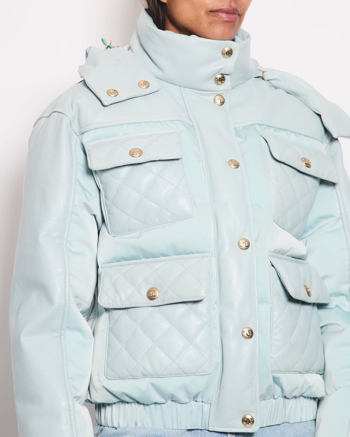 *HOT* Top Quality Chanel Baby Blue Leather Puffer Jacket with Four Quilted Pockets, Hood and Gold CC Logo Button Details Size FR 36 (UK 8)