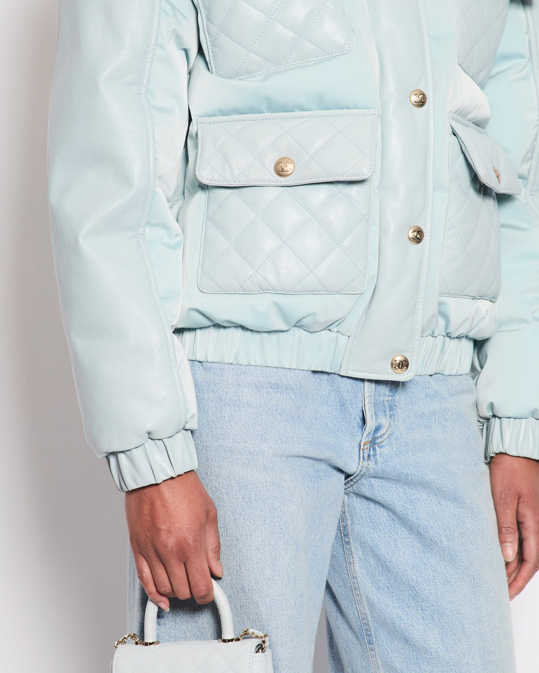 *HOT* Top Quality Chanel Baby Blue Leather Puffer Jacket with Four Quilted Pockets, Hood and Gold CC Logo Button Details Size FR 36 (UK 8)
