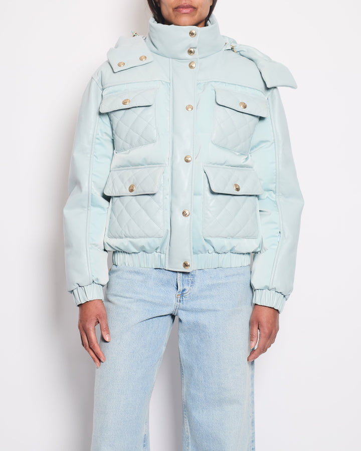 *HOT* Top Quality Chanel Baby Blue Leather Puffer Jacket with Four Quilted Pockets, Hood and Gold CC Logo Button Details Size FR 36 (UK 8)
