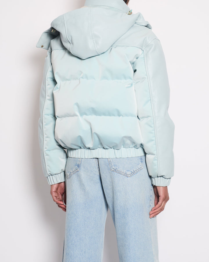 *HOT* Top Quality Chanel Baby Blue Leather Puffer Jacket with Four Quilted Pockets, Hood and Gold CC Logo Button Details Size FR 36 (UK 8)
