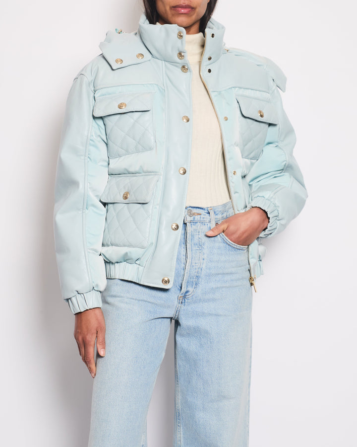 *HOT* Top Quality Chanel Baby Blue Leather Puffer Jacket with Four Quilted Pockets, Hood and Gold CC Logo Button Details Size FR 36 (UK 8)