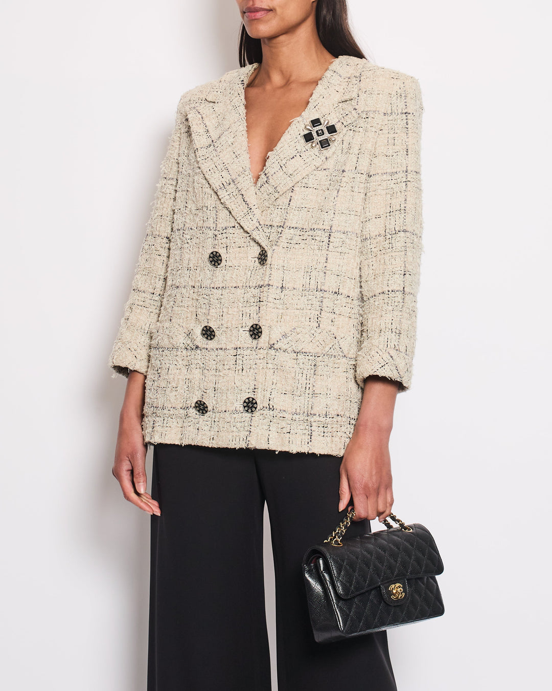 Top Quality Chanel Cruise 2015 Grey Double Breasted Jacket with Detachable Brooch Detail Size FR 42 (UK 14)