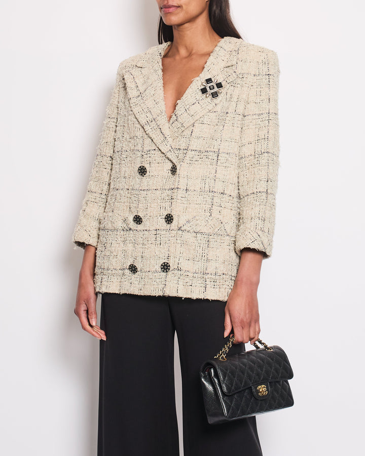Top Quality Chanel Cruise 2015 Grey Double Breasted Jacket with Detachable Brooch Detail Size FR 42 (UK 14)