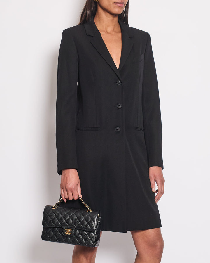 *HOT* Top Quality Chanel 12C Black Long Line Jacket with Black CC Buttons & Silver Interior Detail FR 34 (UK 6)