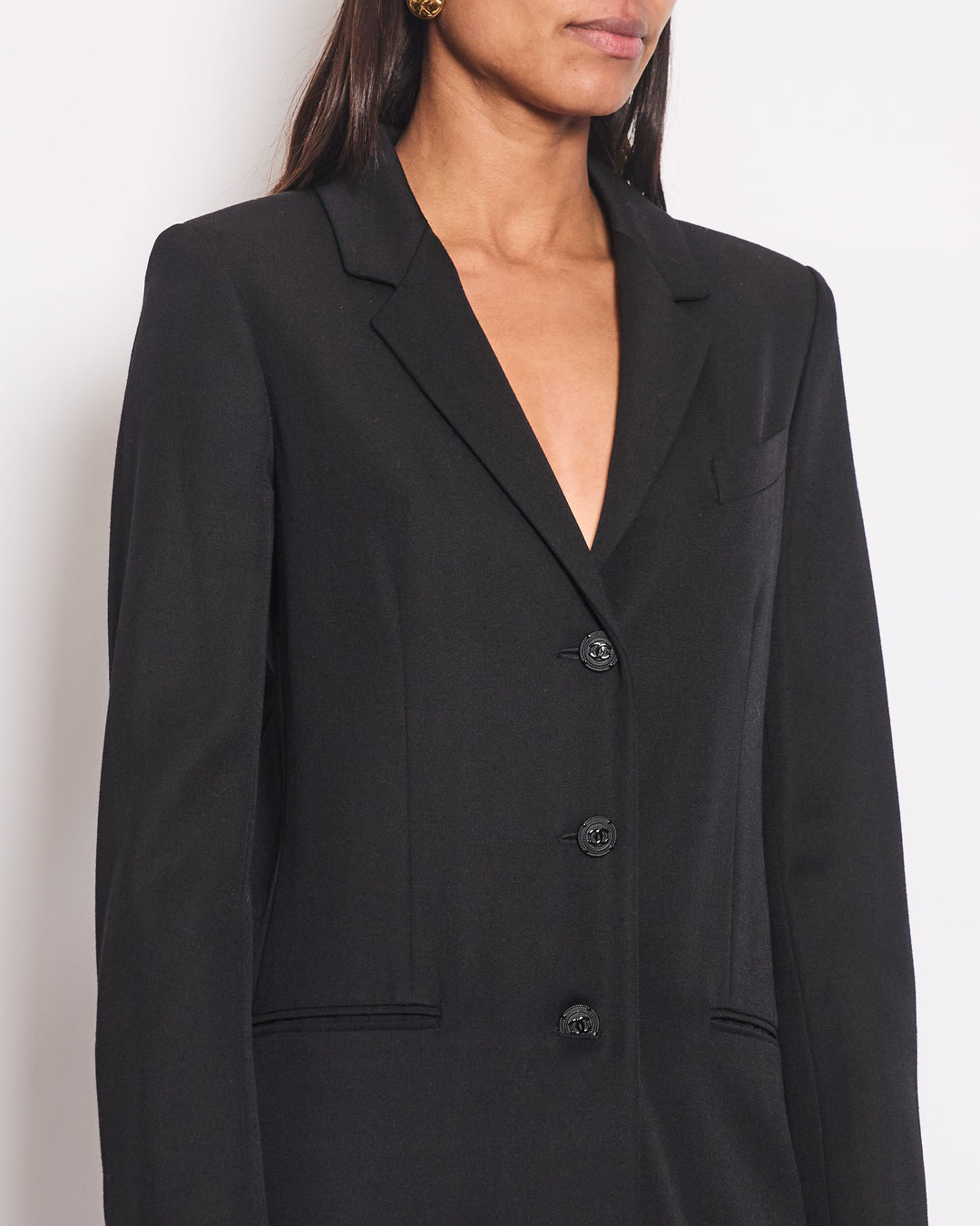 *HOT* Top Quality Chanel 12C Black Long Line Jacket with Black CC Buttons & Silver Interior Detail FR 34 (UK 6)