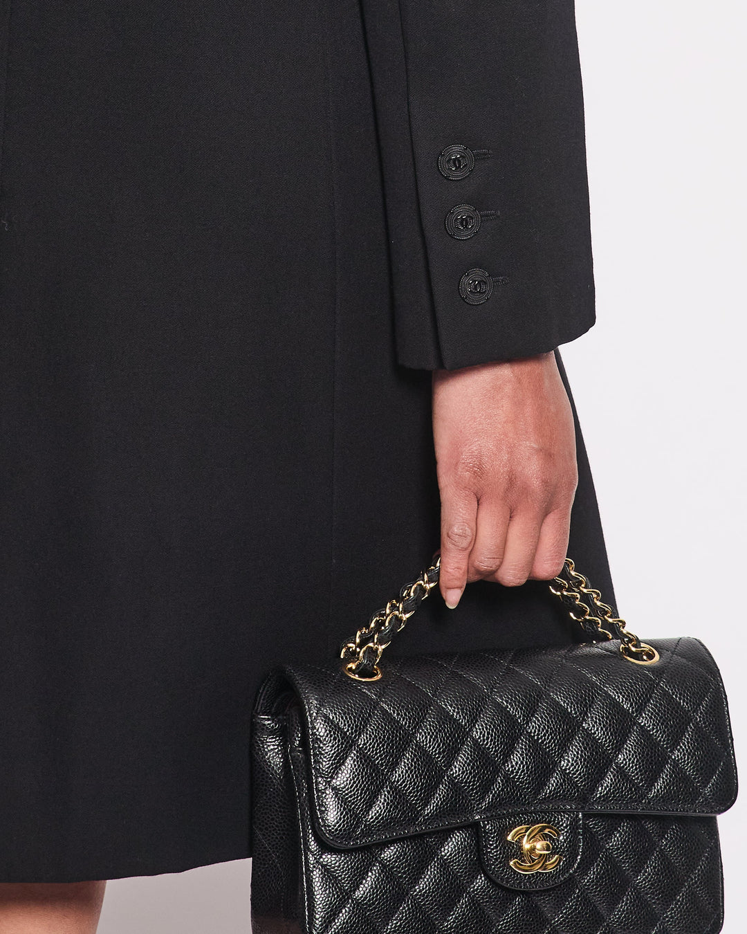 *HOT* Top Quality Chanel 12C Black Long Line Jacket with Black CC Buttons & Silver Interior Detail FR 34 (UK 6)