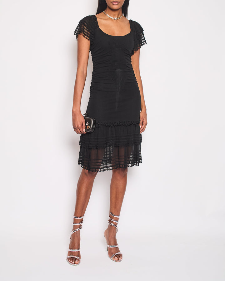 Top Quality Chanel 07C Black Short Sleeve Midi Dress With Crochet and Ruching Detail FR 36 (UK 8)