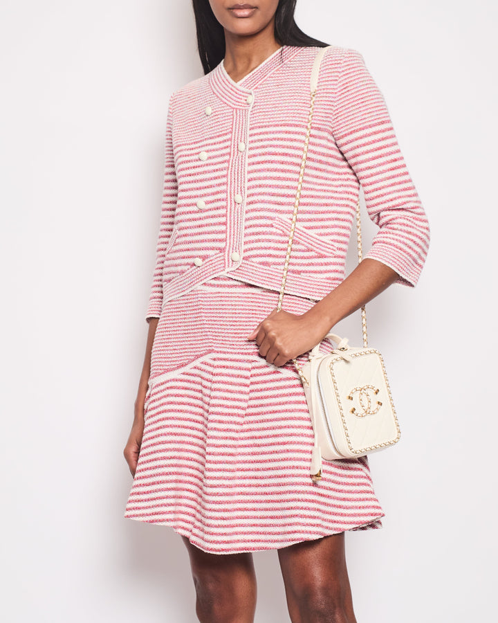 Top Quality Chanel Pink, White Stripe Knitted igan and Skirt Set with Ivory Button Detail Size FR 38/40 UK 10/12