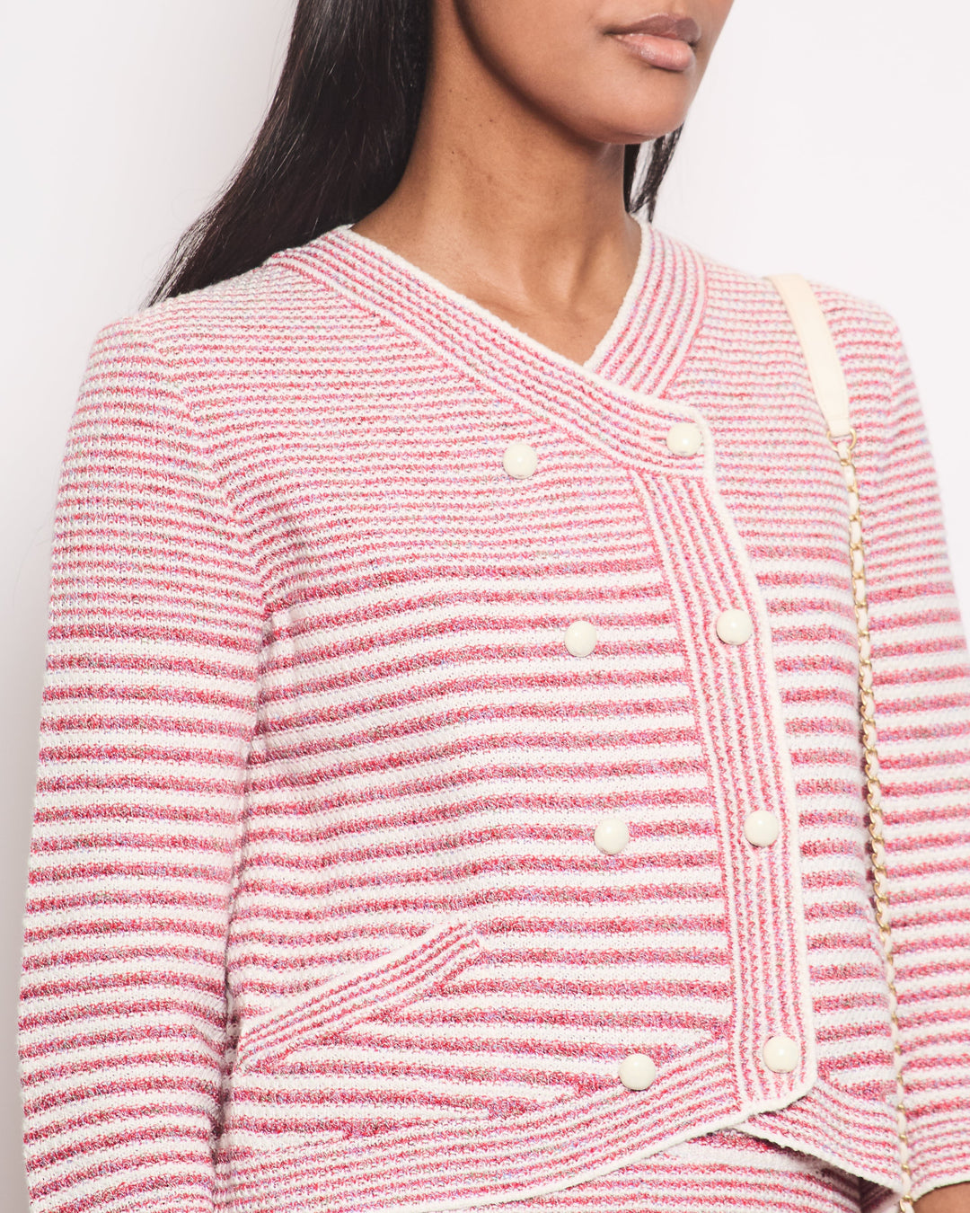 Top Quality Chanel Pink, White Stripe Knitted igan and Skirt Set with Ivory Button Detail Size FR 38/40 UK 10/12