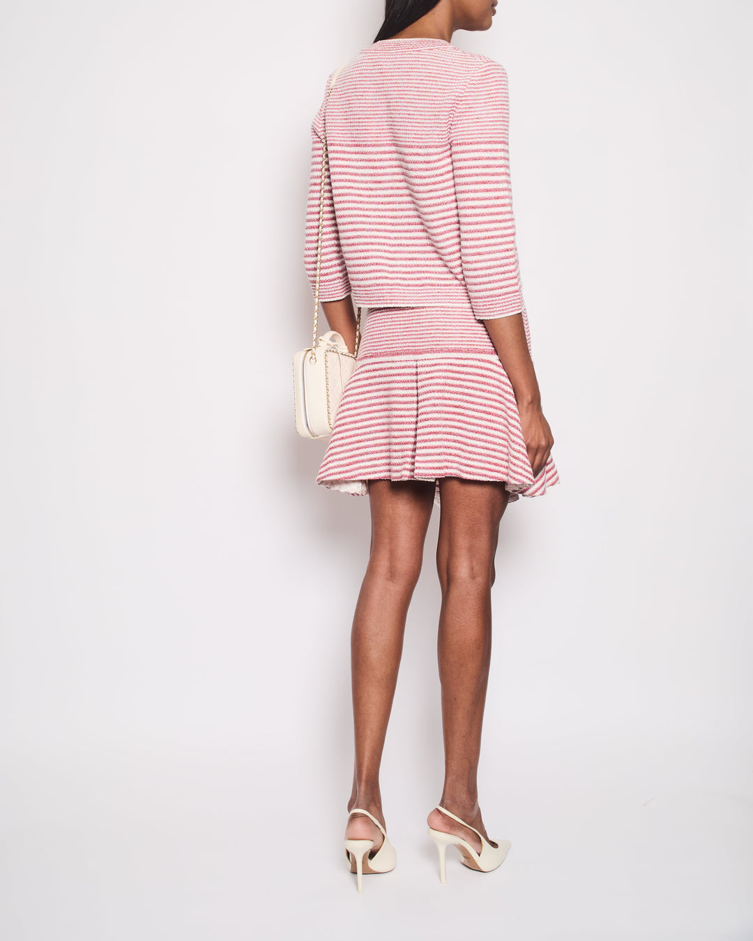 Top Quality Chanel Pink, White Stripe Knitted igan and Skirt Set with Ivory Button Detail Size FR 38/40 UK 10/12