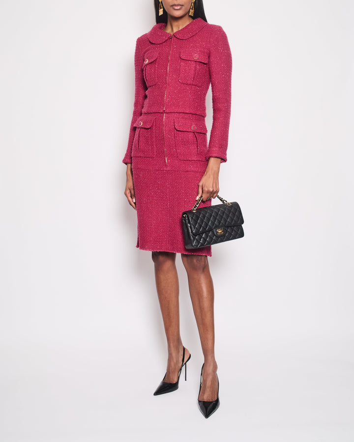 Top Quality Chanel Pink Metallic Tweed Jacket and Midi Skirt Set with Pocket Detail Size FR 34 (UK 6)