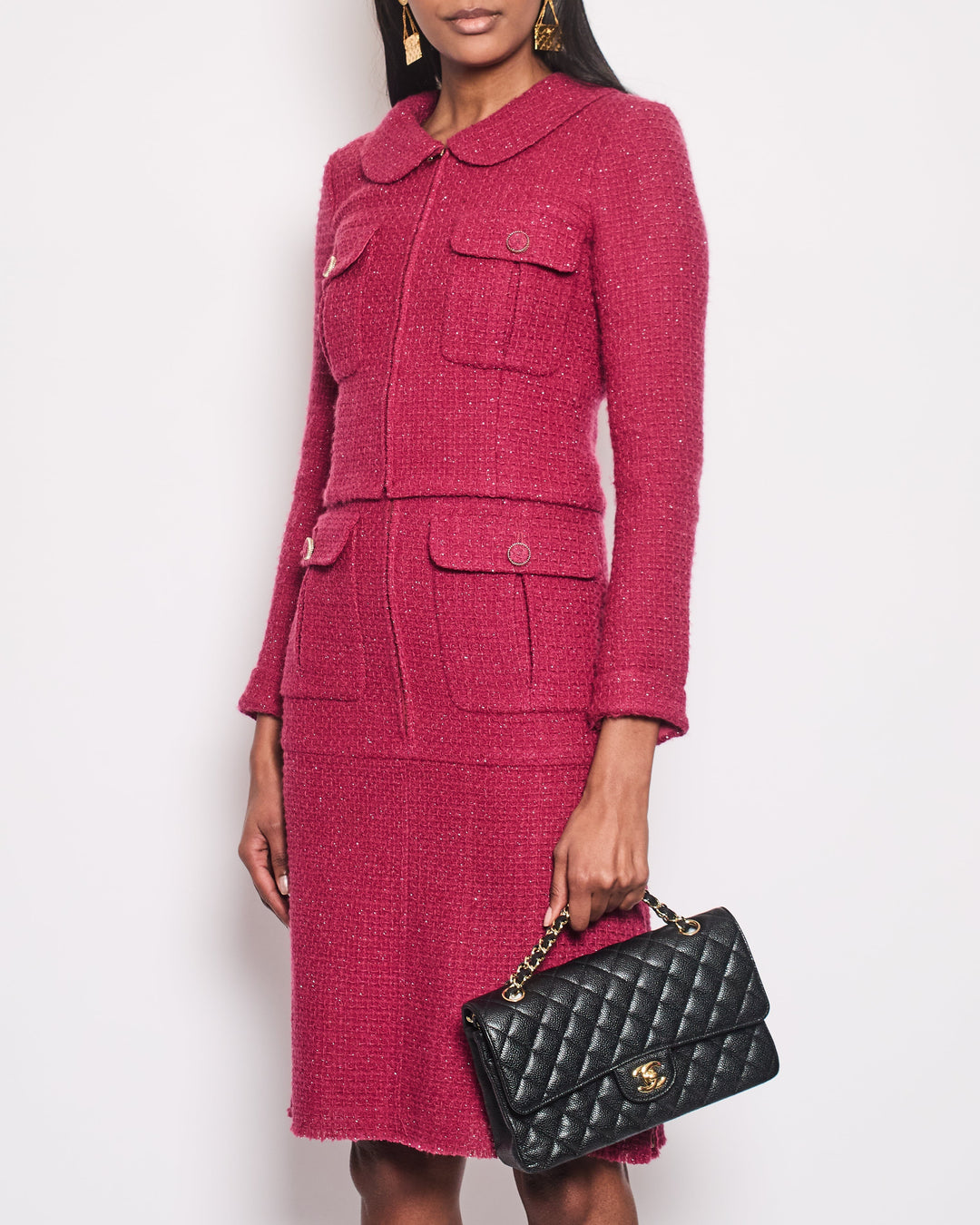 Top Quality Chanel Pink Metallic Tweed Jacket and Midi Skirt Set with Pocket Detail Size FR 34 (UK 6)