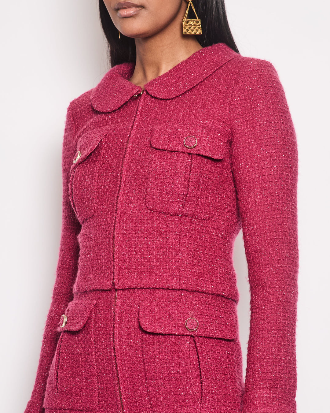 Top Quality Chanel Pink Metallic Tweed Jacket and Midi Skirt Set with Pocket Detail Size FR 34 (UK 6)