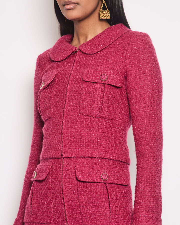 Top Quality Chanel Pink Metallic Tweed Jacket and Midi Skirt Set with Pocket Detail Size FR 34 (UK 6)