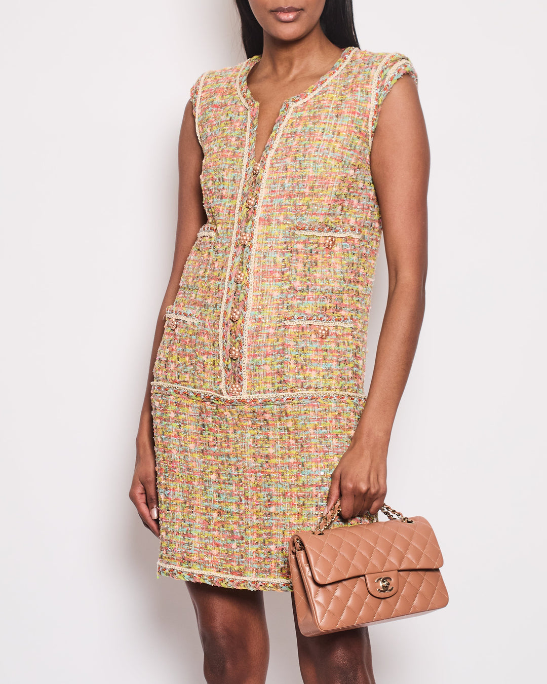 Top Quality Chanel Yellow, Coral, Blue Metallic Tweed Sleeveless Midi Dress Pocket, Flower Button Detail Size FR 38 (UK 10)