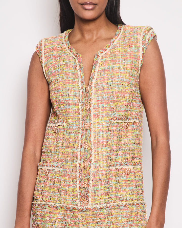 Top Quality Chanel Yellow, Coral, Blue Metallic Tweed Sleeveless Midi Dress Pocket, Flower Button Detail Size FR 38 (UK 10)