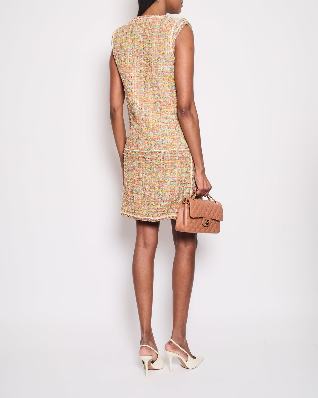 Top Quality Chanel Yellow, Coral, Blue Metallic Tweed Sleeveless Midi Dress Pocket, Flower Button Detail Size FR 38 (UK 10)