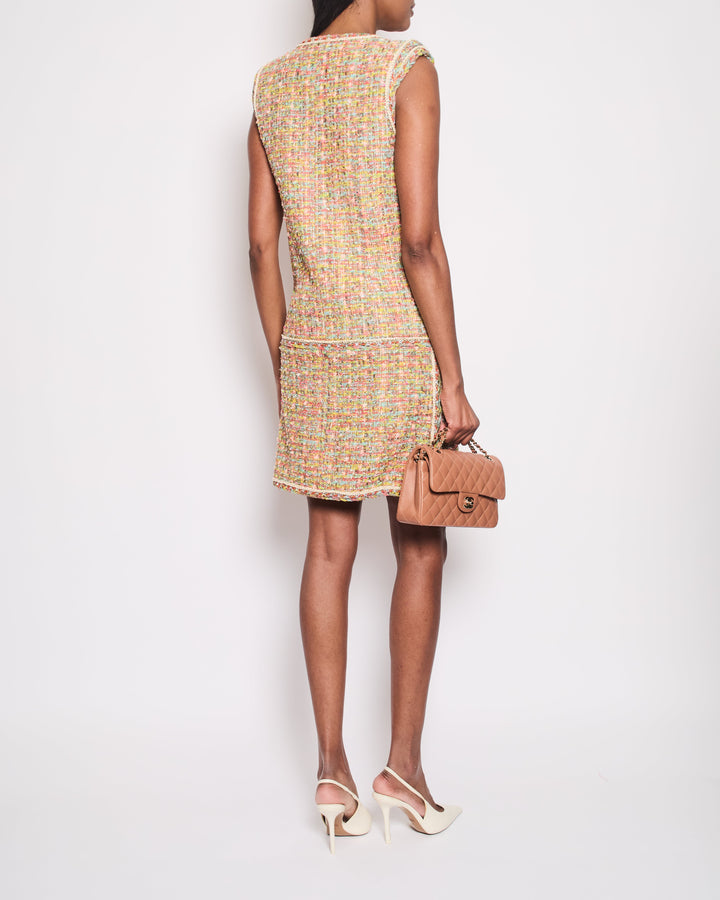 Top Quality Chanel Yellow, Coral, Blue Metallic Tweed Sleeveless Midi Dress Pocket, Flower Button Detail Size FR 38 (UK 10)