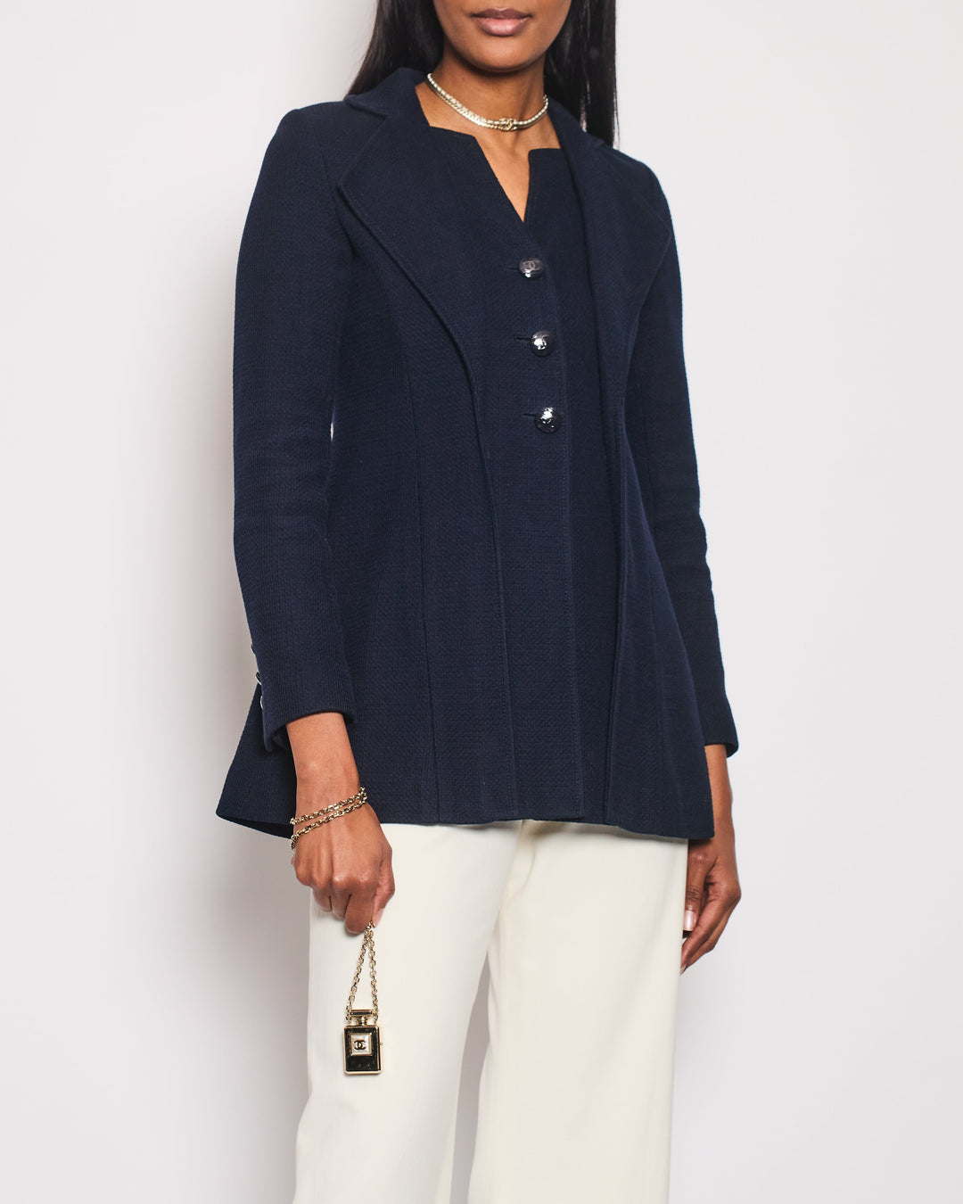 Top Quality Chanel Navy Tweed Long-Sleeve Double Collared Jacket with CC Buttons Size FR 34 (UK 6)