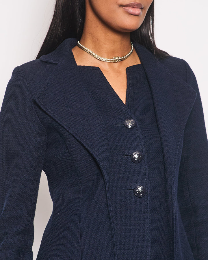 Top Quality Chanel Navy Tweed Long-Sleeve Double Collared Jacket with CC Buttons Size FR 34 (UK 6)
