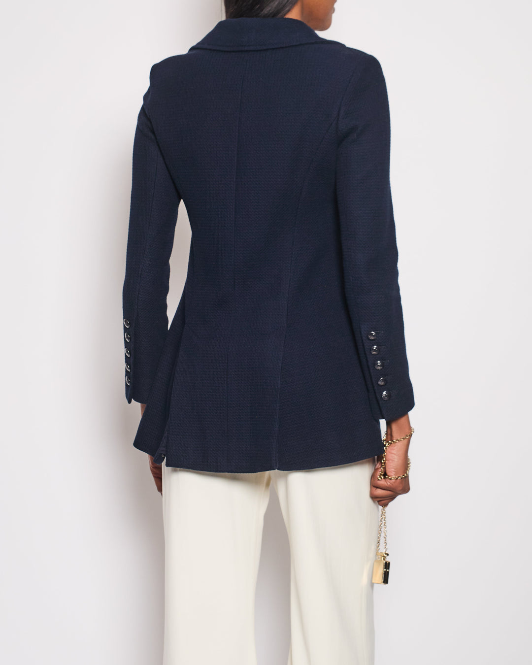 Top Quality Chanel Navy Tweed Long-Sleeve Double Collared Jacket with CC Buttons Size FR 34 (UK 6)