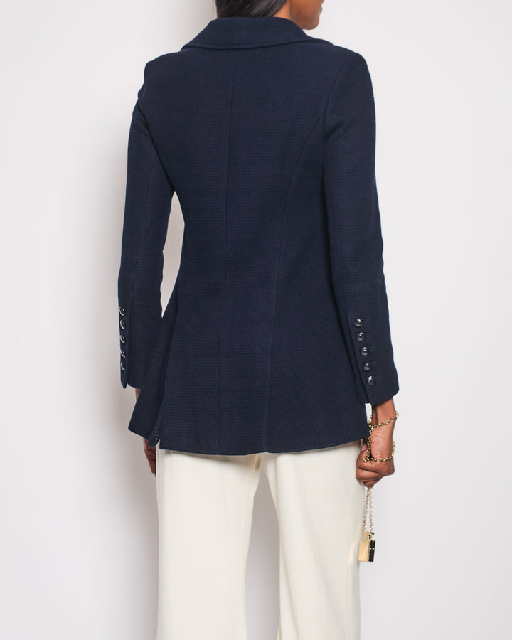 Top Quality Chanel Navy Tweed Long-Sleeve Double Collared Jacket with CC Buttons Size FR 34 (UK 6)