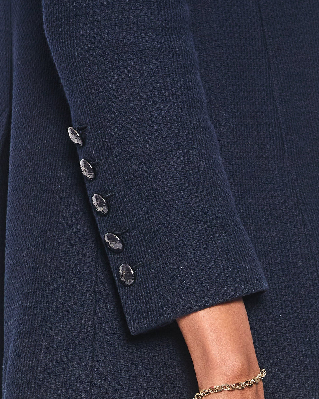 Top Quality Chanel Navy Tweed Long-Sleeve Double Collared Jacket with CC Buttons Size FR 34 (UK 6)