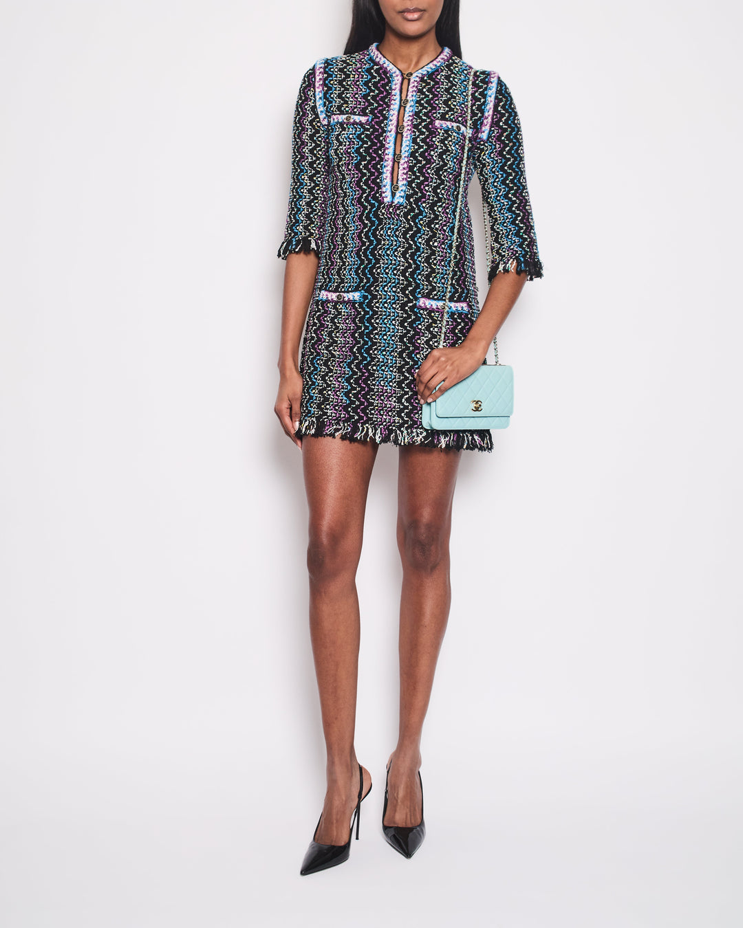 Top Quality Chanel Black, Turquoise & Purple Zig Zag Dress with Frayed Edge Size FR 34 (UK 6)