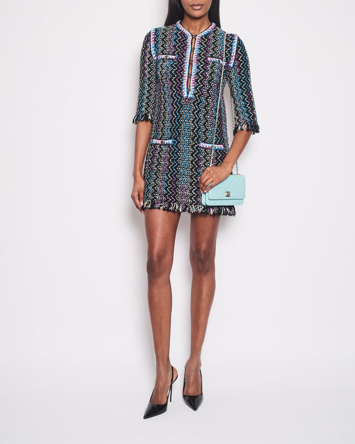 Top Quality Chanel Black, Turquoise & Purple Zig Zag Dress with Frayed Edge Size FR 34 (UK 6)