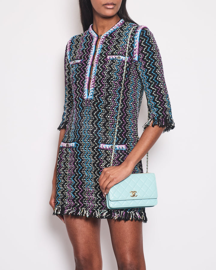 Top Quality Chanel Black, Turquoise & Purple Zig Zag Dress with Frayed Edge Size FR 34 (UK 6)