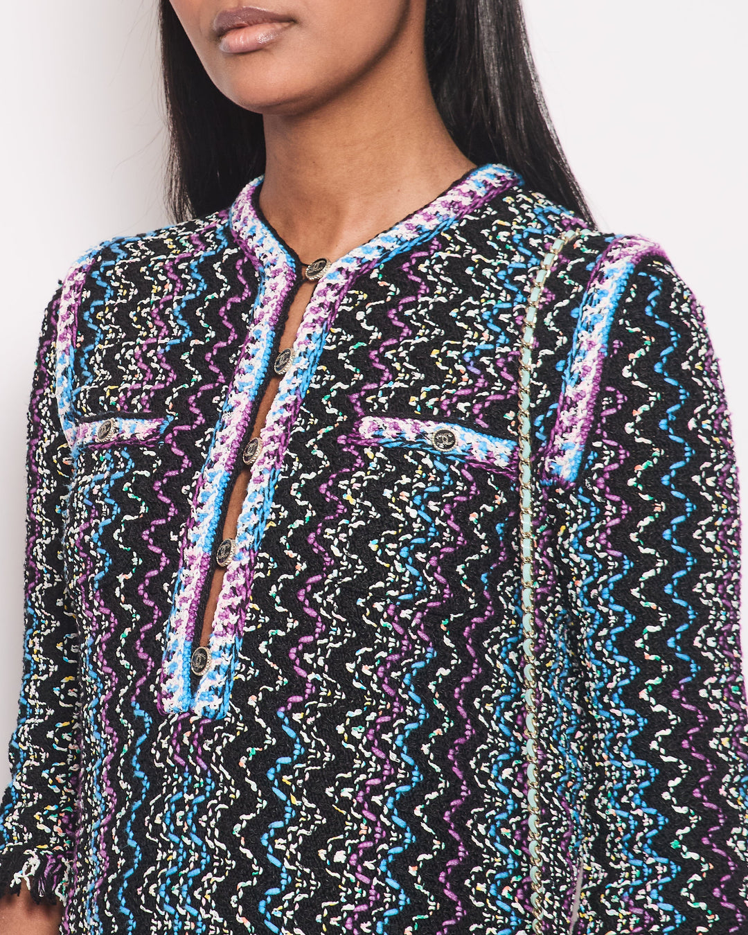 Top Quality Chanel Black, Turquoise & Purple Zig Zag Dress with Frayed Edge Size FR 34 (UK 6)