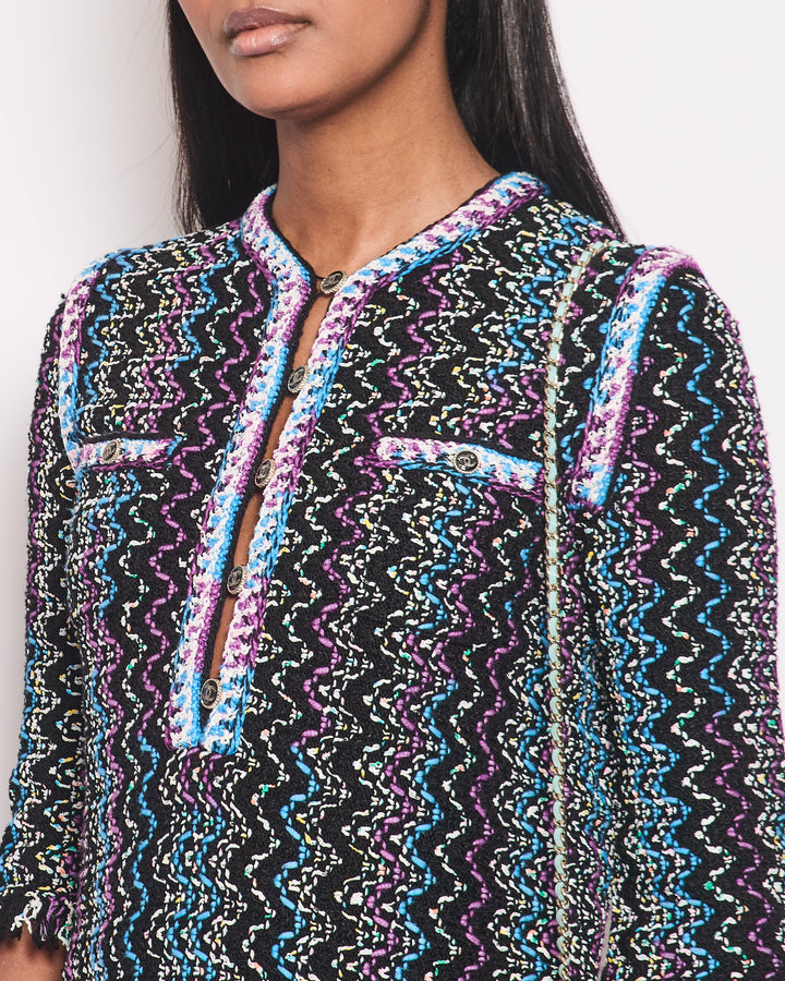 Top Quality Chanel Black, Turquoise & Purple Zig Zag Dress with Frayed Edge Size FR 34 (UK 6)