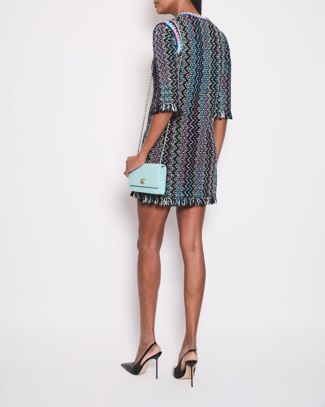 Top Quality Chanel Black, Turquoise & Purple Zig Zag Dress with Frayed Edge Size FR 34 (UK 6)