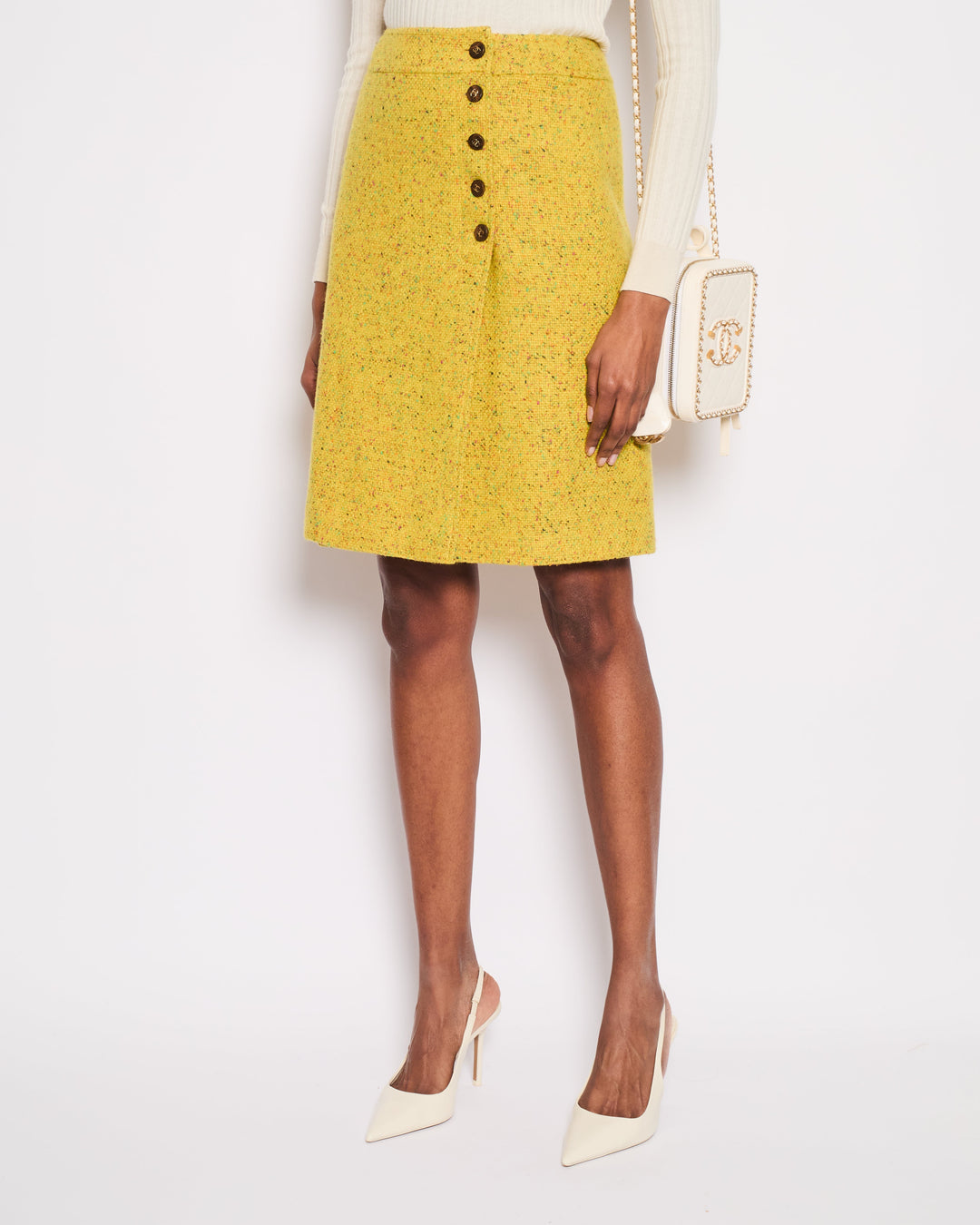 Top Quality Chanel Yellow Tweed Midi Skirt with Wooden CC Logo Detail Button Size FR 38 (UK 10)