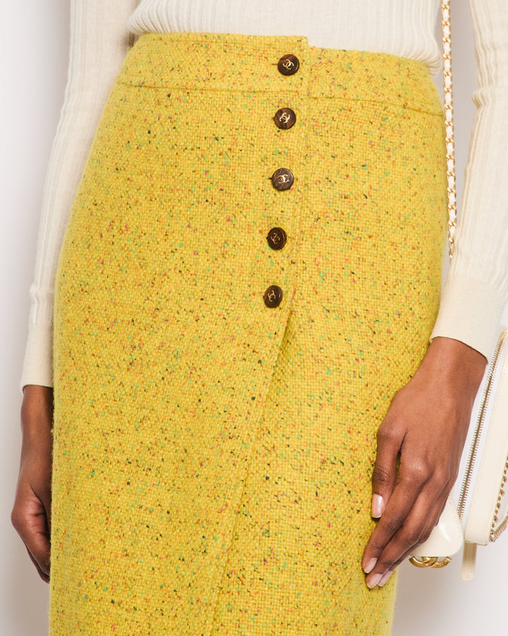 Top Quality Chanel Yellow Tweed Midi Skirt with Wooden CC Logo Detail Button Size FR 38 (UK 10)