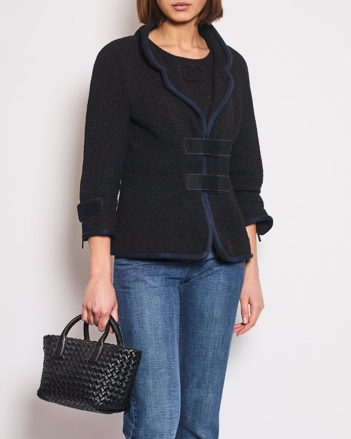 Top Quality Chanel Black Tweed Jacket with Velcro and Navy Details Size FR 42 (UK 14)