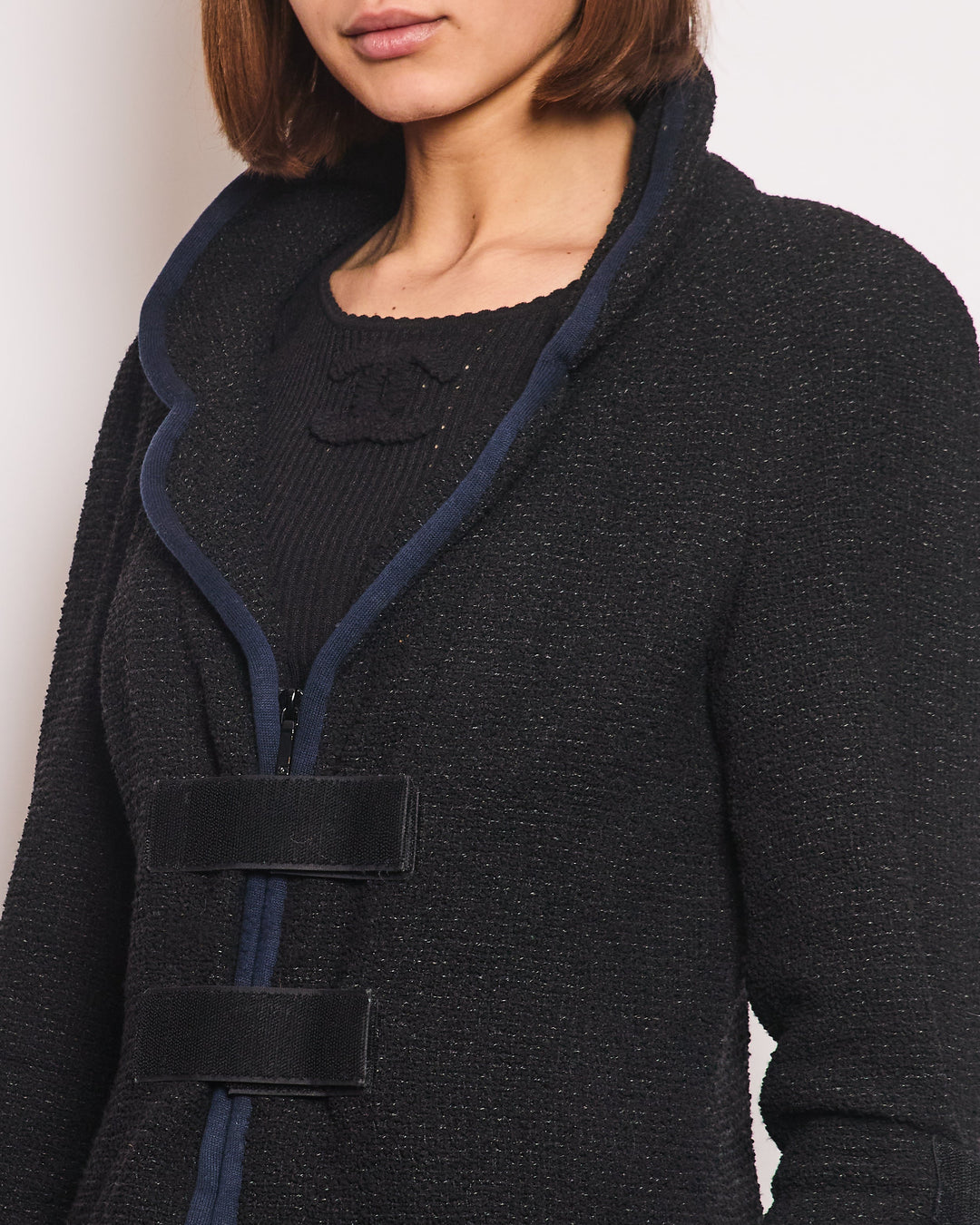 Top Quality Chanel Black Tweed Jacket with Velcro and Navy Details Size FR 42 (UK 14)