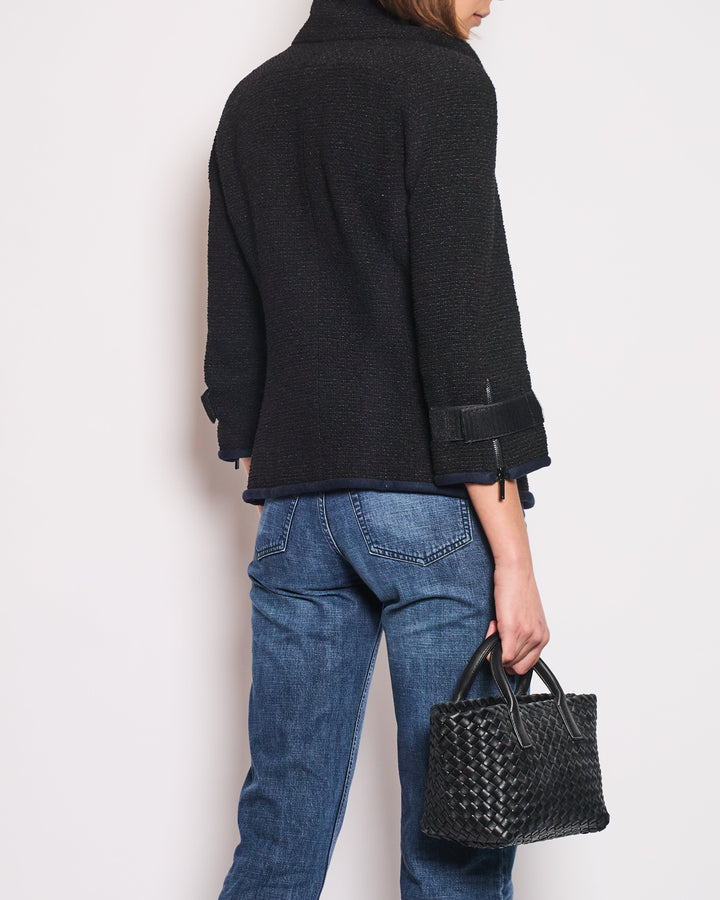 Top Quality Chanel Black Tweed Jacket with Velcro and Navy Details Size FR 42 (UK 14)