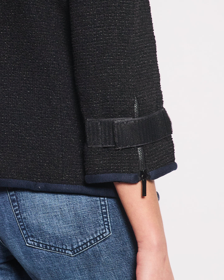 Top Quality Chanel Black Tweed Jacket with Velcro and Navy Details Size FR 42 (UK 14)