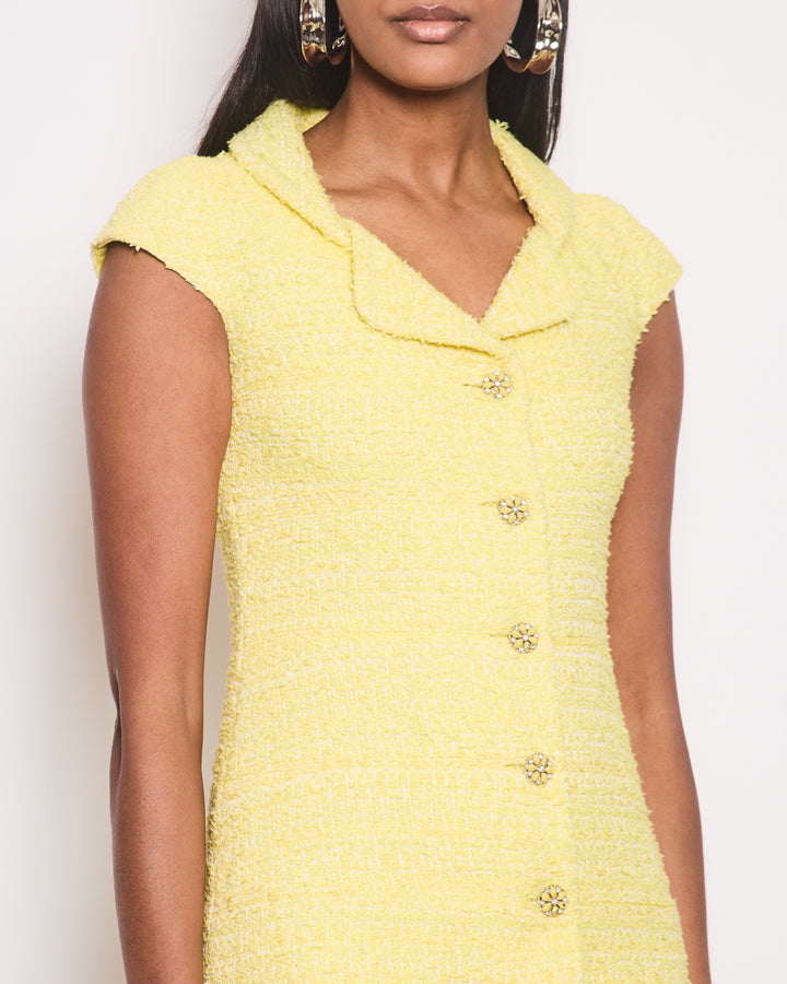 Top Quality Chanel Yellow Tweed Short-Sleeve Midi Dress with Crystal Flower CC Button Detail Size FR 36 (UK 8)