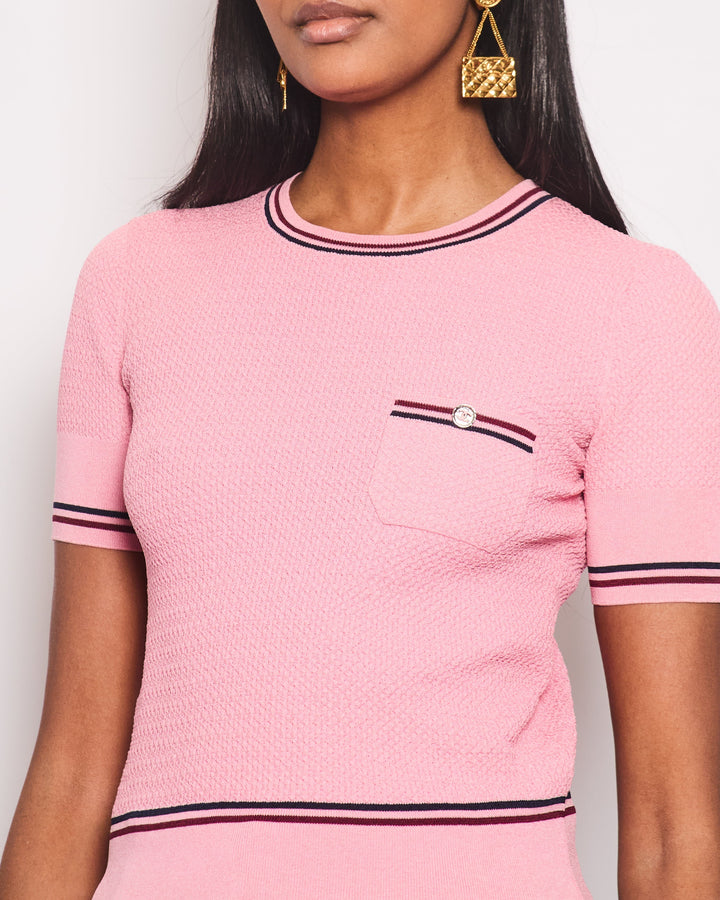 Top Quality Chanel Pink Knitted T-Shirt with Navy, Burgundy Stripe Detail CC Button Size FR 34 (UK 6)