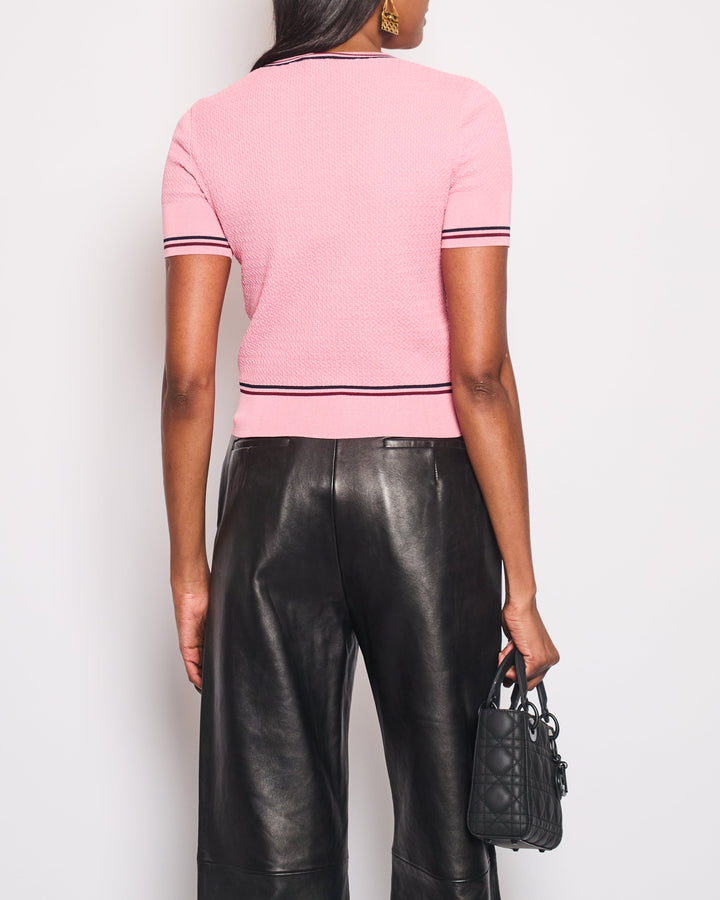 Top Quality Chanel Pink Knitted T-Shirt with Navy, Burgundy Stripe Detail CC Button Size FR 34 (UK 6)